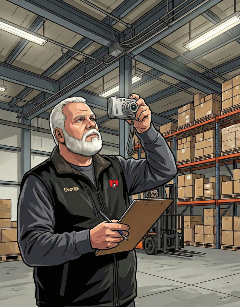 An illustration of George Biasiny, CMI® taking a photo during a commercial inspection.