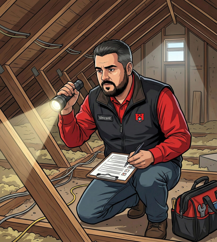 An illustration of Vincent Biasiny, CMI® inspecting an attic.