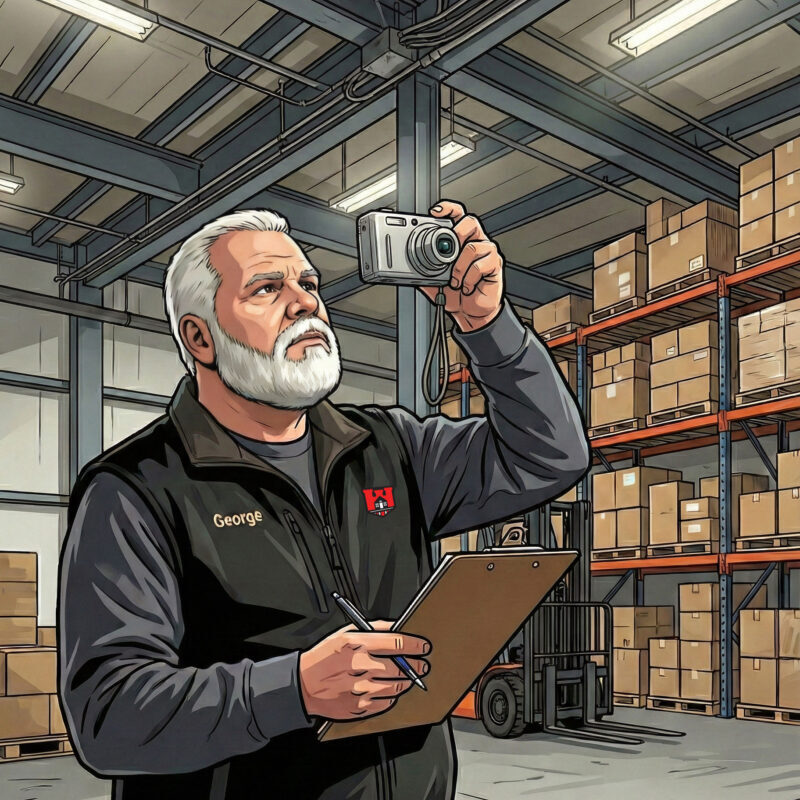An illustration of George Biasiny, CMI® taking a photo during a commercial inspection.