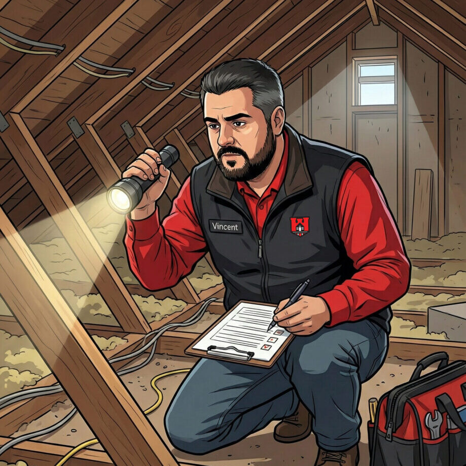 An illustration of Vincent Biasiny, CMI® inspecting an attic.